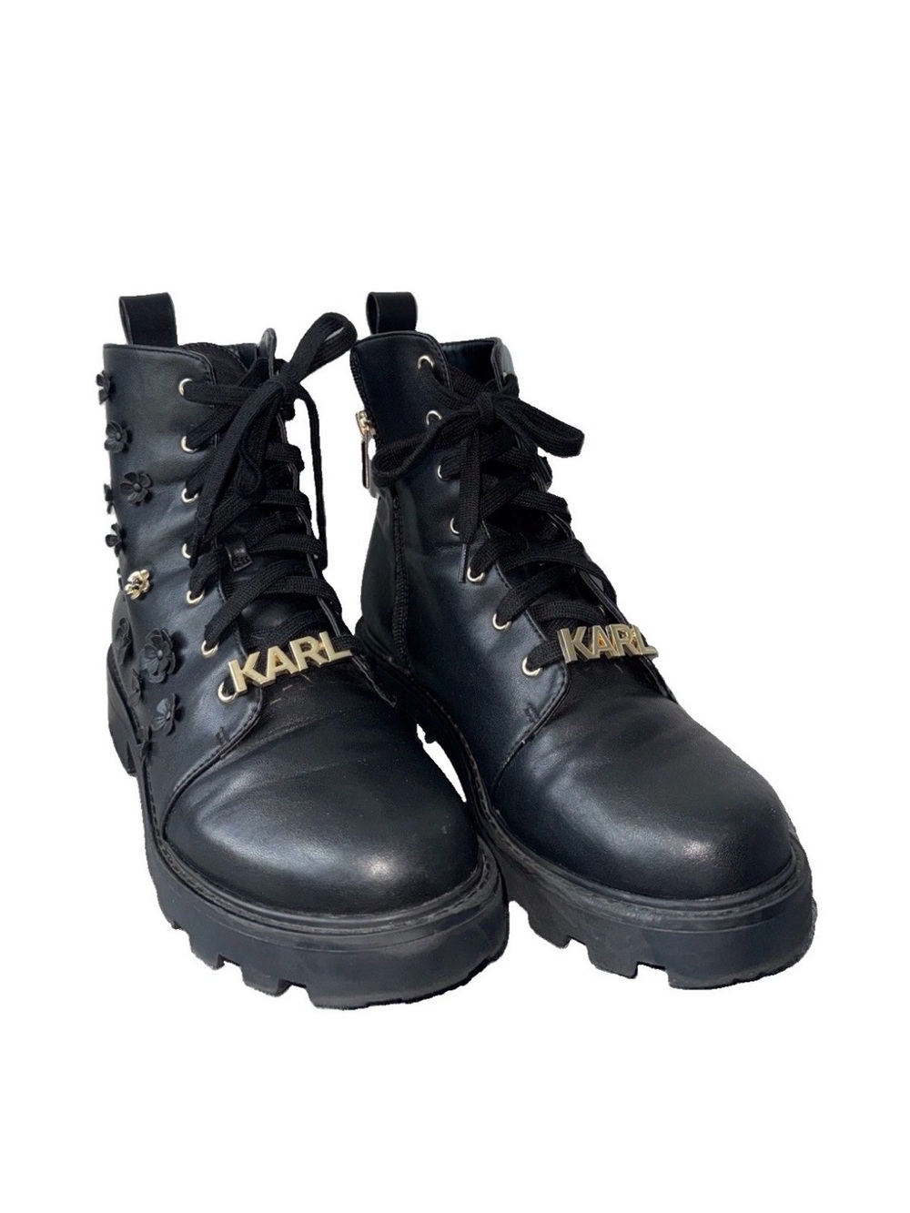 Karl Lagerfeld Black Leather Lace-Up Platform Combat Boots with Gold Logo